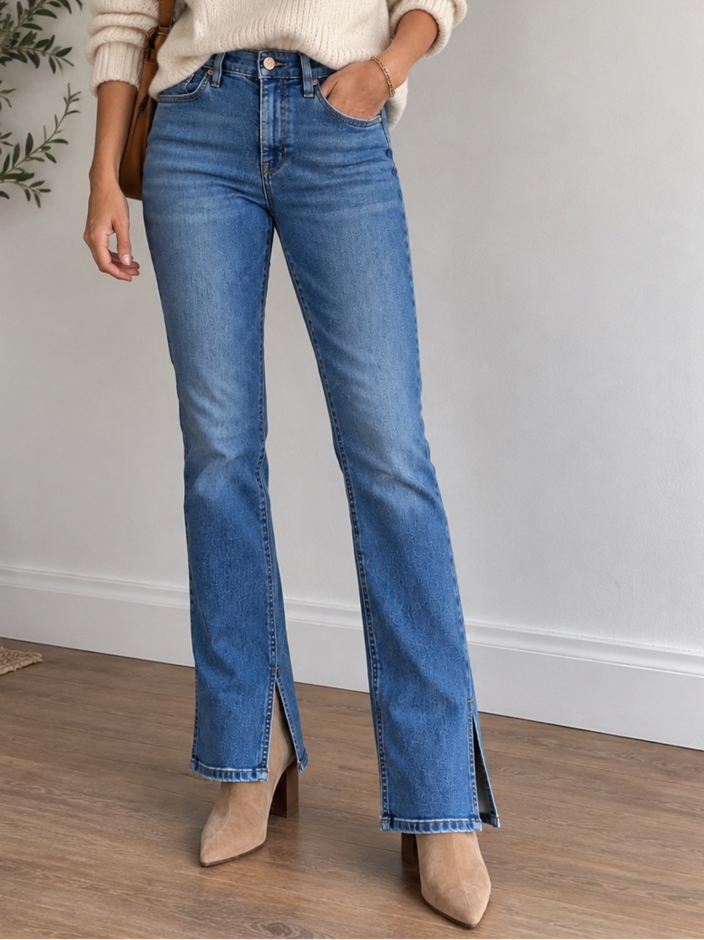 Nicole Miller SoHo High Rise Bootcut Jeans Ankle Slit Medium Wash